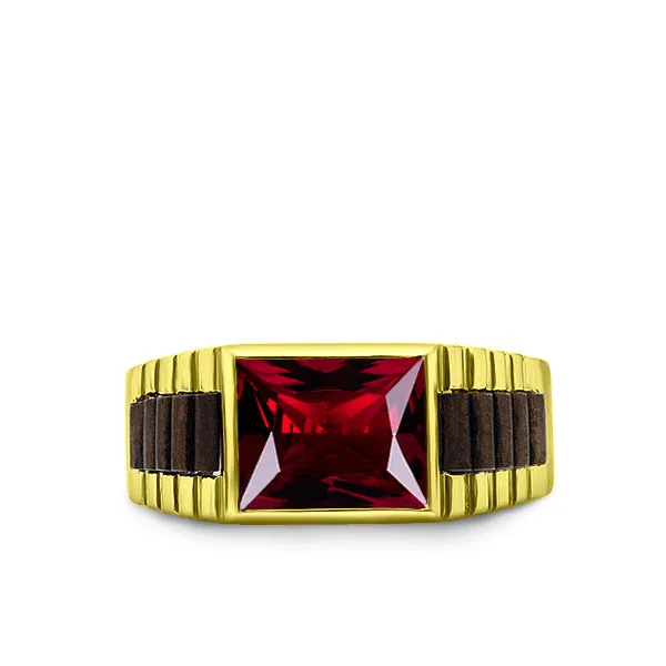 14k Yellow Gold Mens Ring Red Rectangle Ruby Gemstone Band Ring for Men All Sz