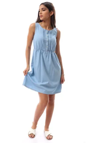 38908 Embroidered Back Sleeveless Denim Dress - Light Blue