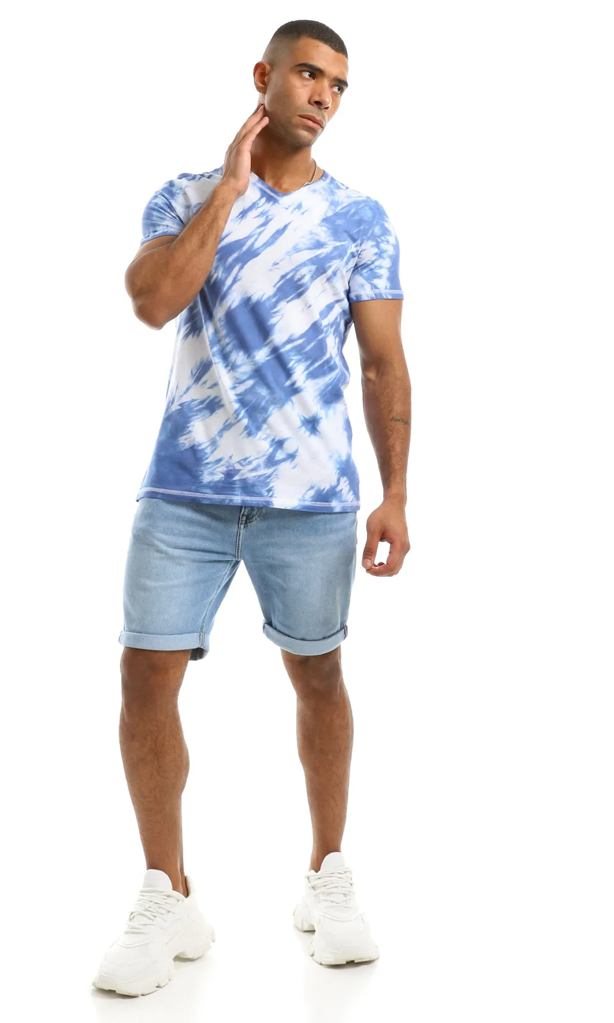 94559 V Neck Tie Dye Casual Cotton Blue Tee