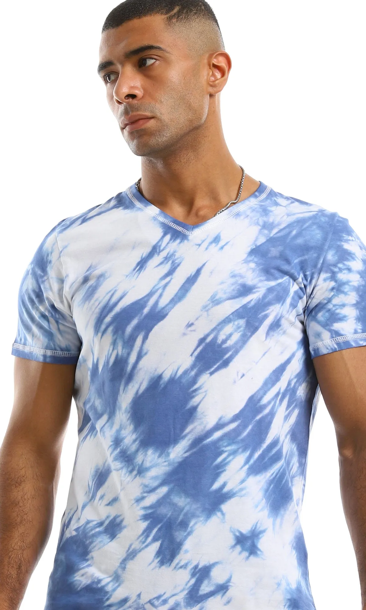 94559 V Neck Tie Dye Casual Cotton Blue Tee