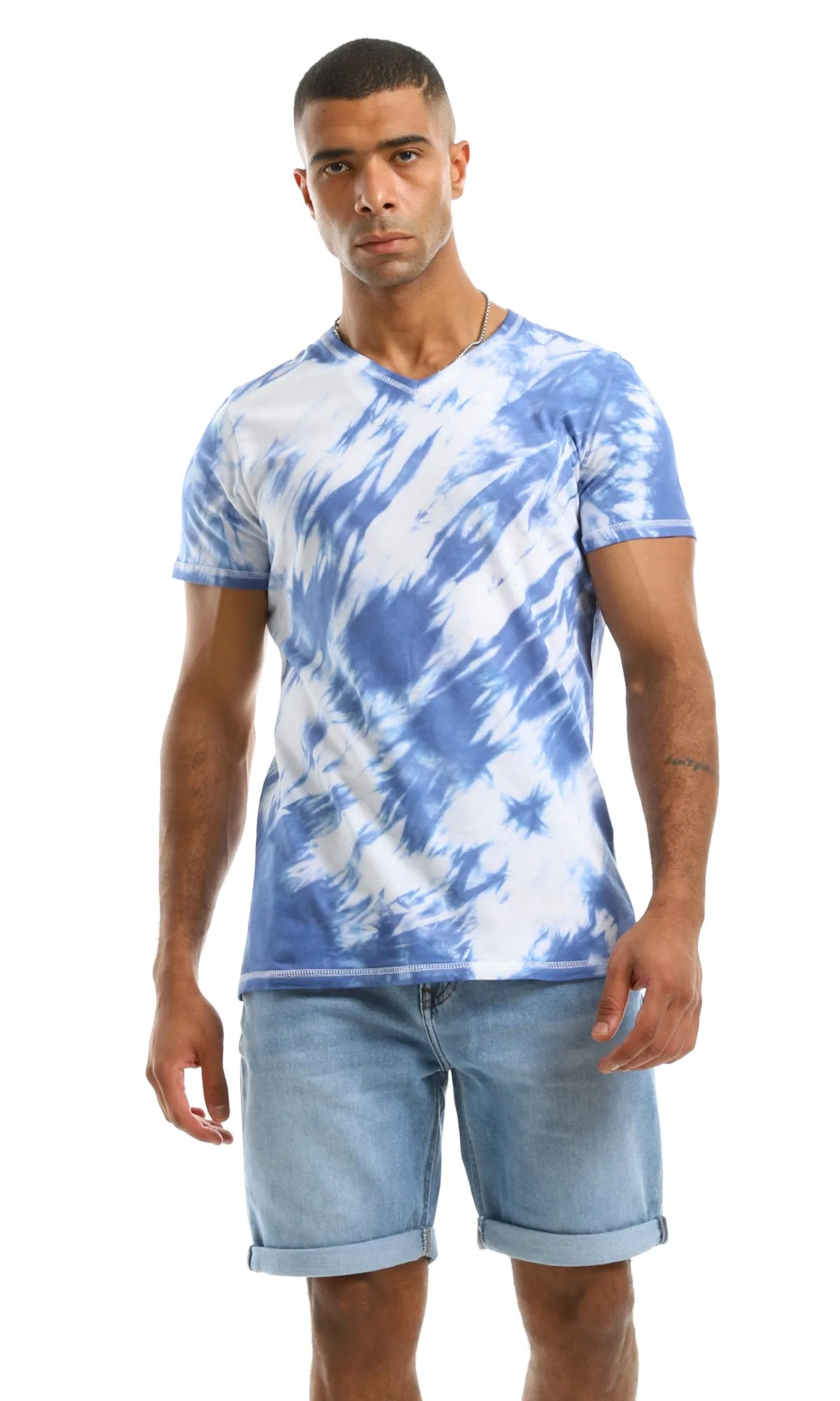 94559 V Neck Tie Dye Casual Cotton Blue Tee