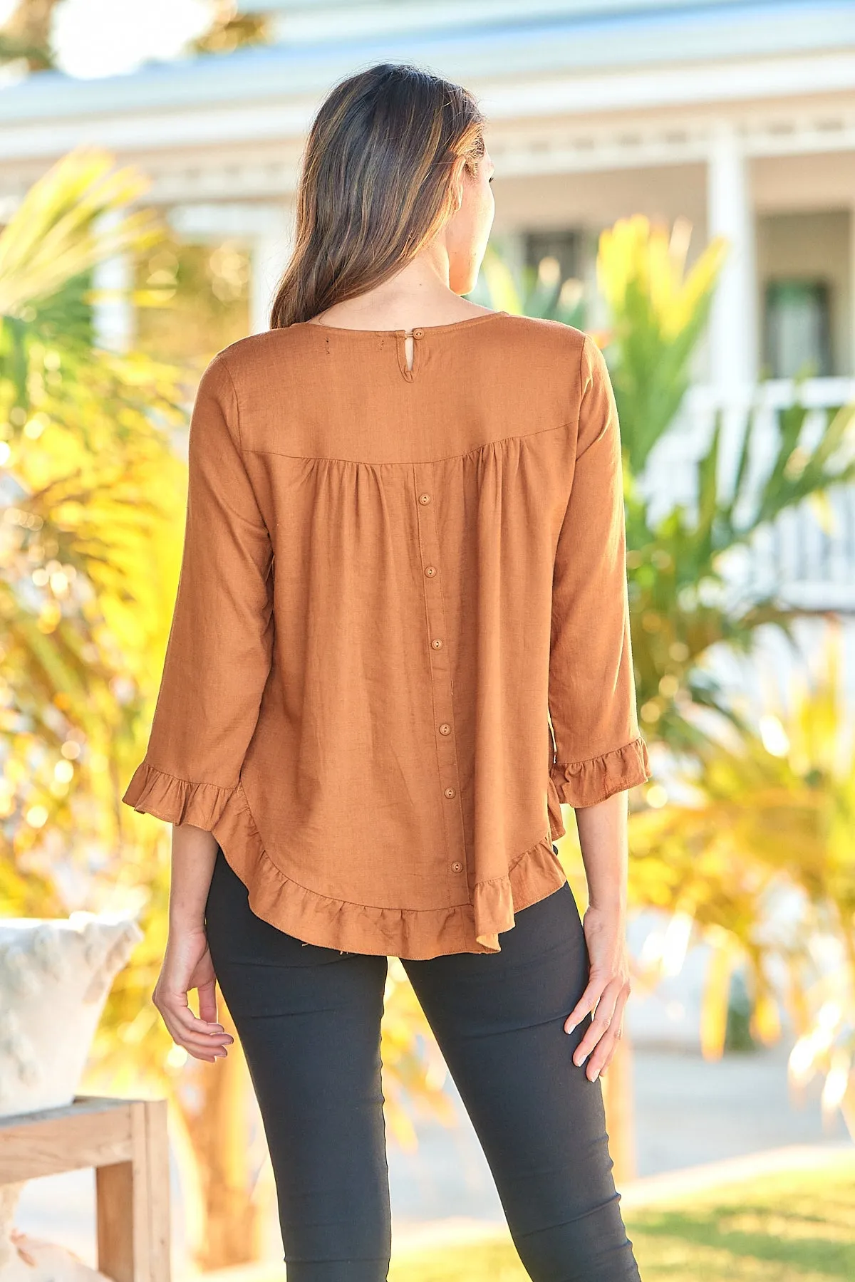 Aries Long Sleeve Camel Brown Linen Top