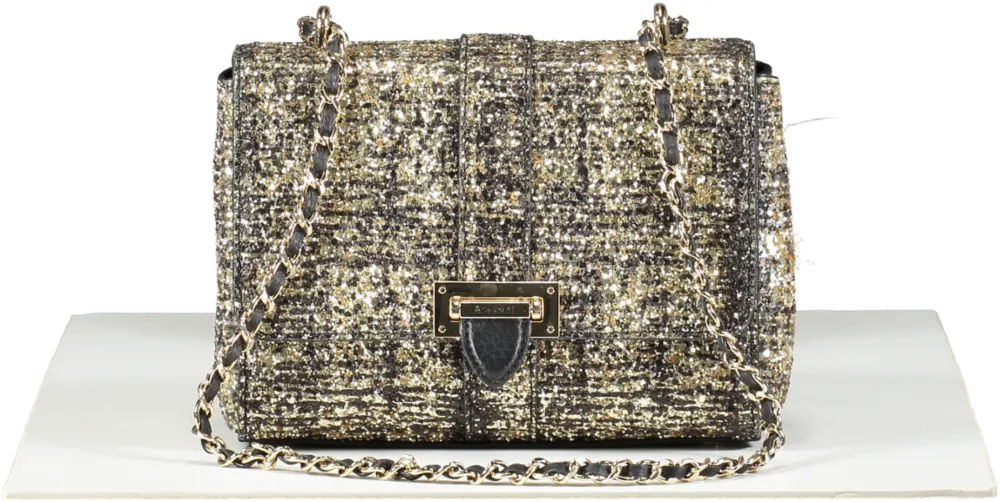 Aspinal Of London Black Lottie Gold Glitter Tweed and pebbled leather crossbody Bag