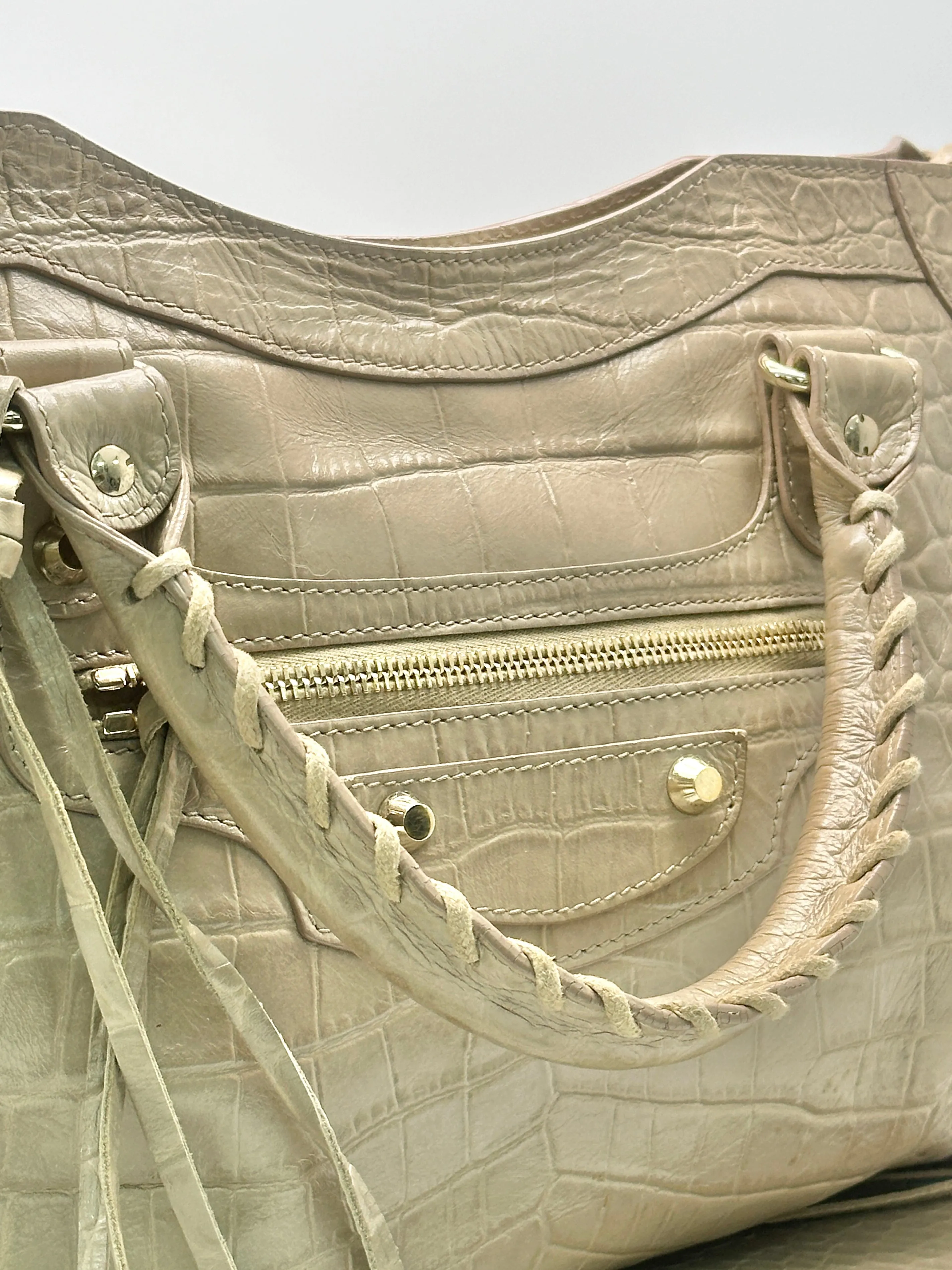 Balenciaga Beige Latte Croc Embossed Leather City Bag