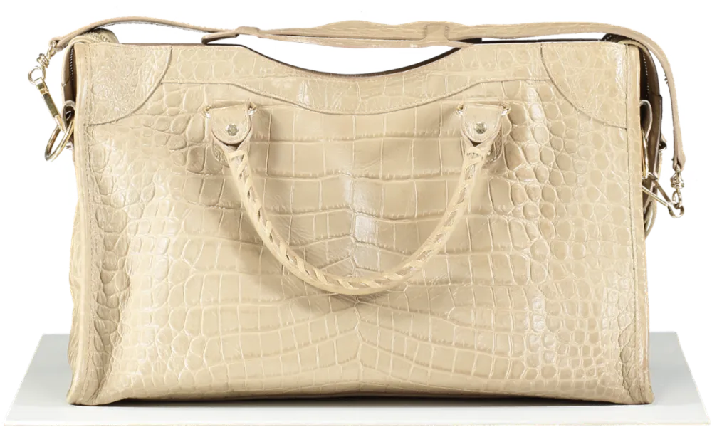 Balenciaga Beige Latte Croc Embossed Leather City Bag