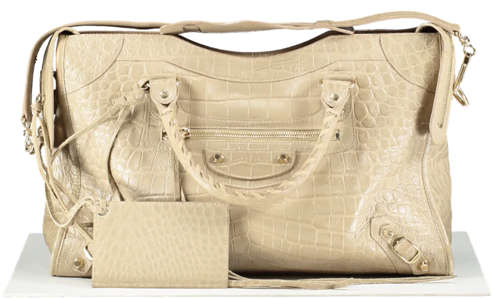 Balenciaga Beige Latte Croc Embossed Leather City Bag