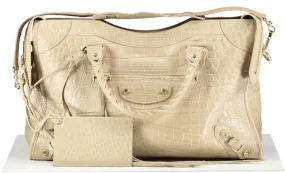 Balenciaga Beige Latte Croc Embossed Leather City Bag