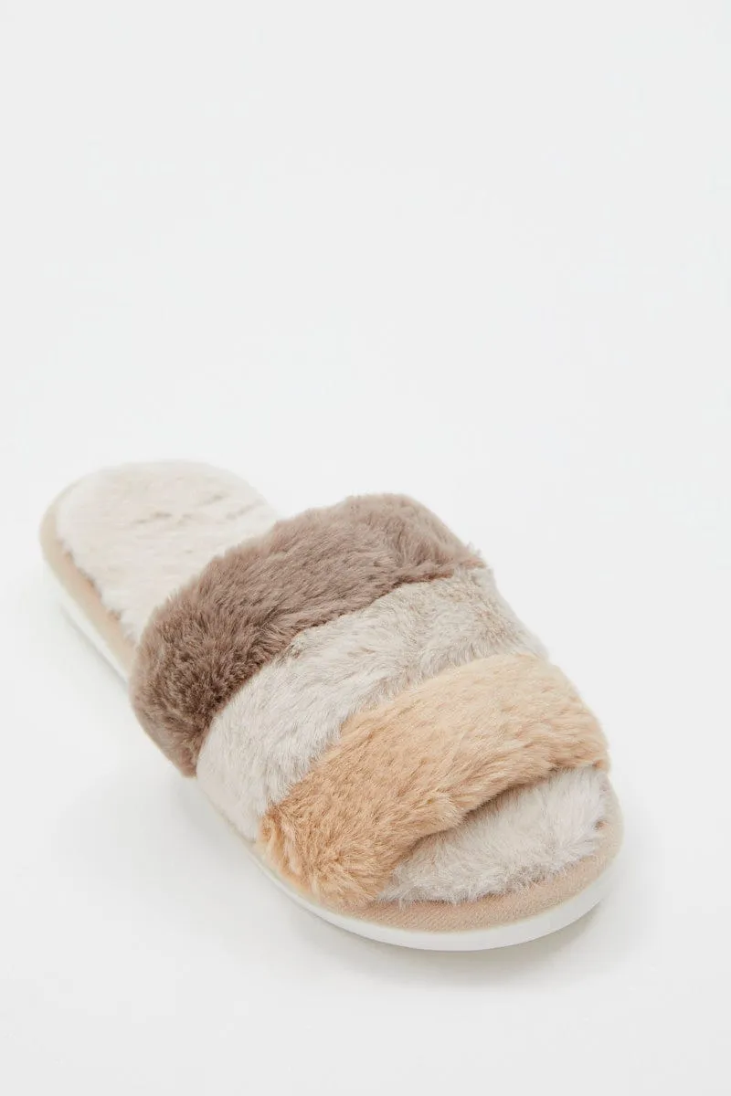 Beige Plush Faux Fur Stripe Mule Slippers