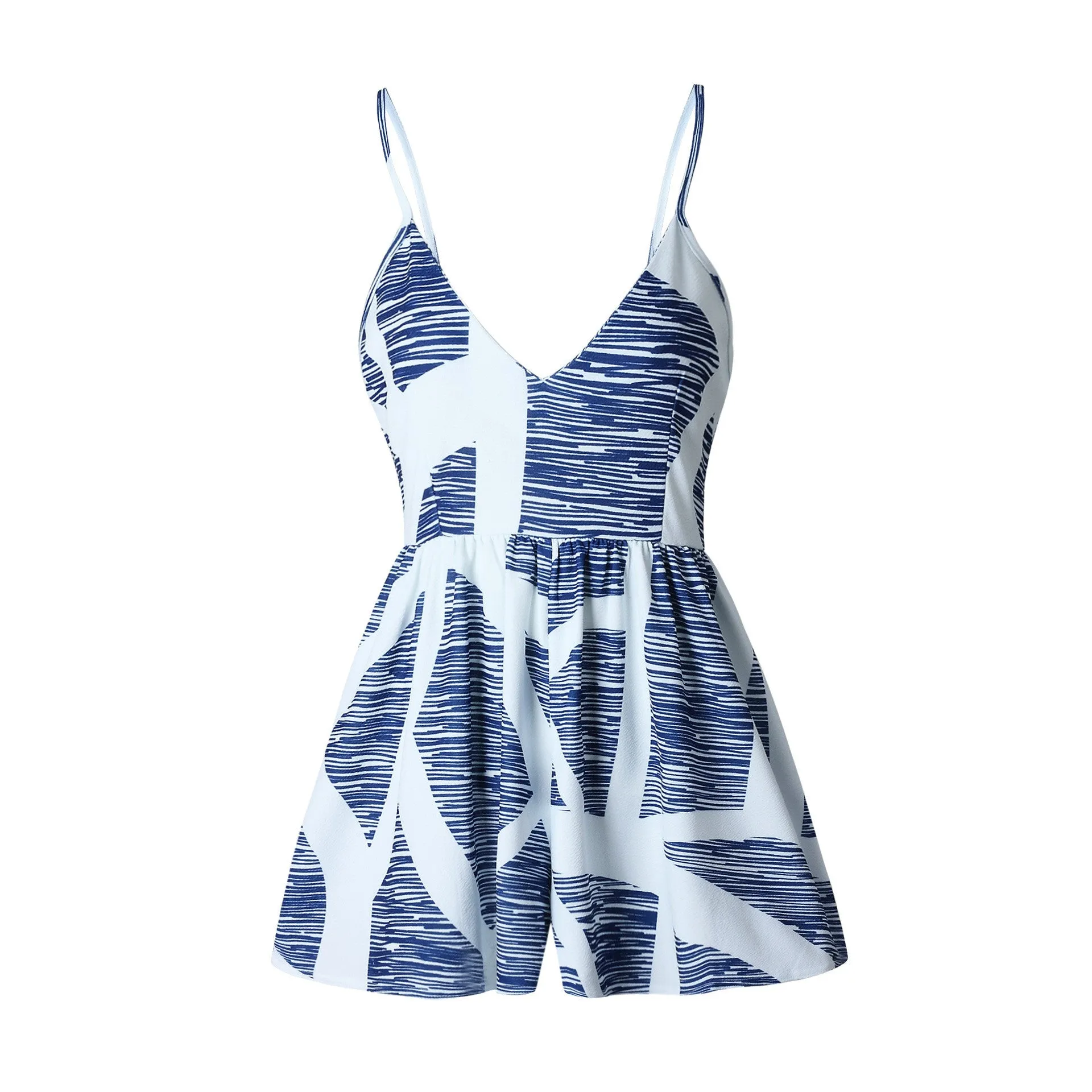 Blue And White Spaghetti Straps Romper