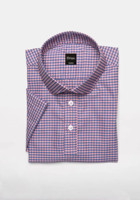 Blue Pink Gingham Checkered Performance Stretch Half Sleeves Shirt - Wrinkle Free