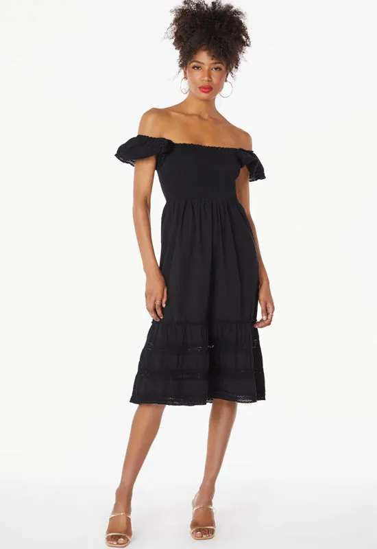 Bobi - Off Shoulder Mix Trim Dress Black