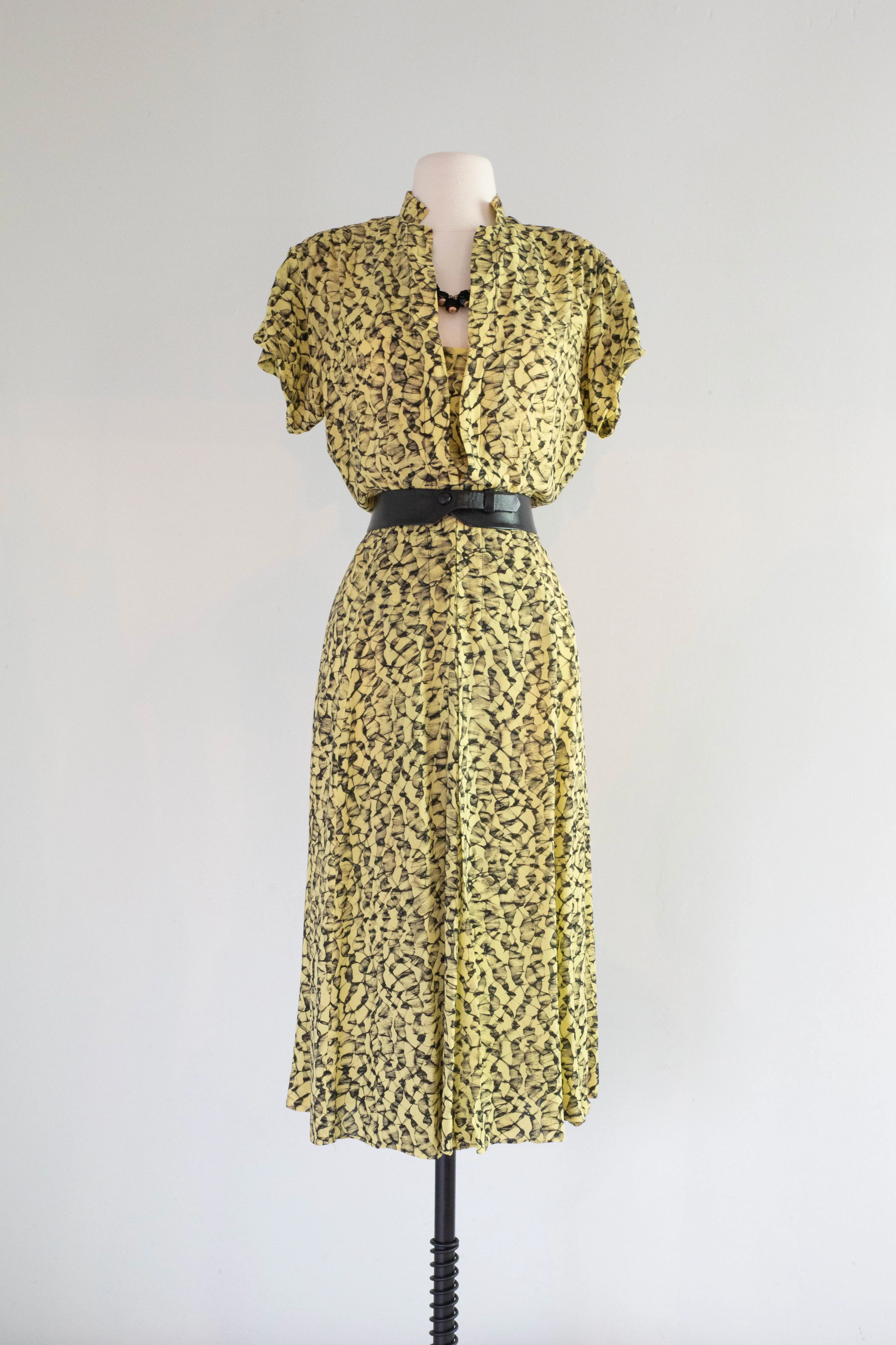 Chic 1940's Abstract Rayon Print Day Dress / ML