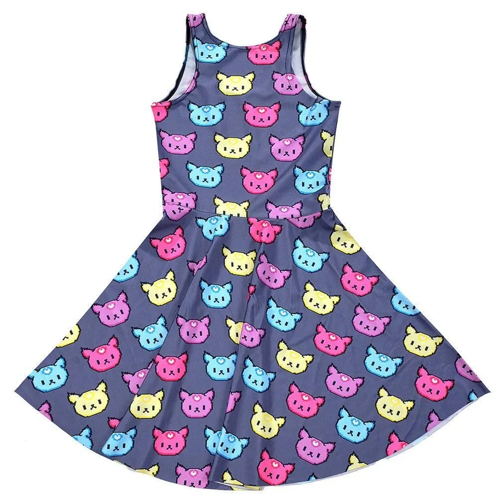 Colorful Kitty Cat All Over Pattern Print Sleeveless Skater Dress on Grey | DOTOLY