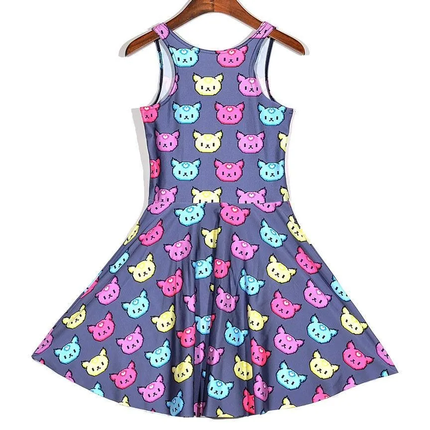 Colorful Kitty Cat All Over Pattern Print Sleeveless Skater Dress on Grey | DOTOLY