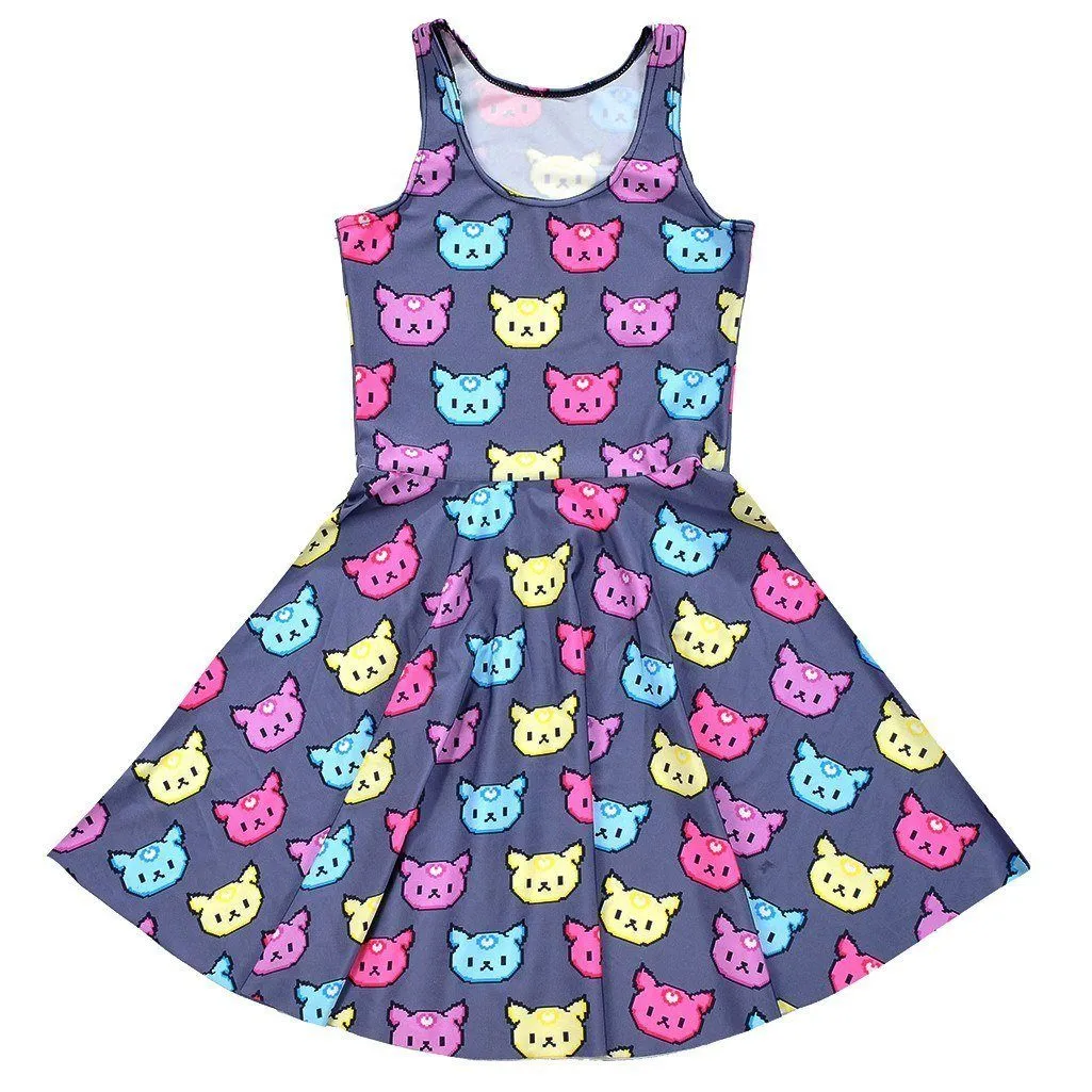 Colorful Kitty Cat All Over Pattern Print Sleeveless Skater Dress on Grey | DOTOLY