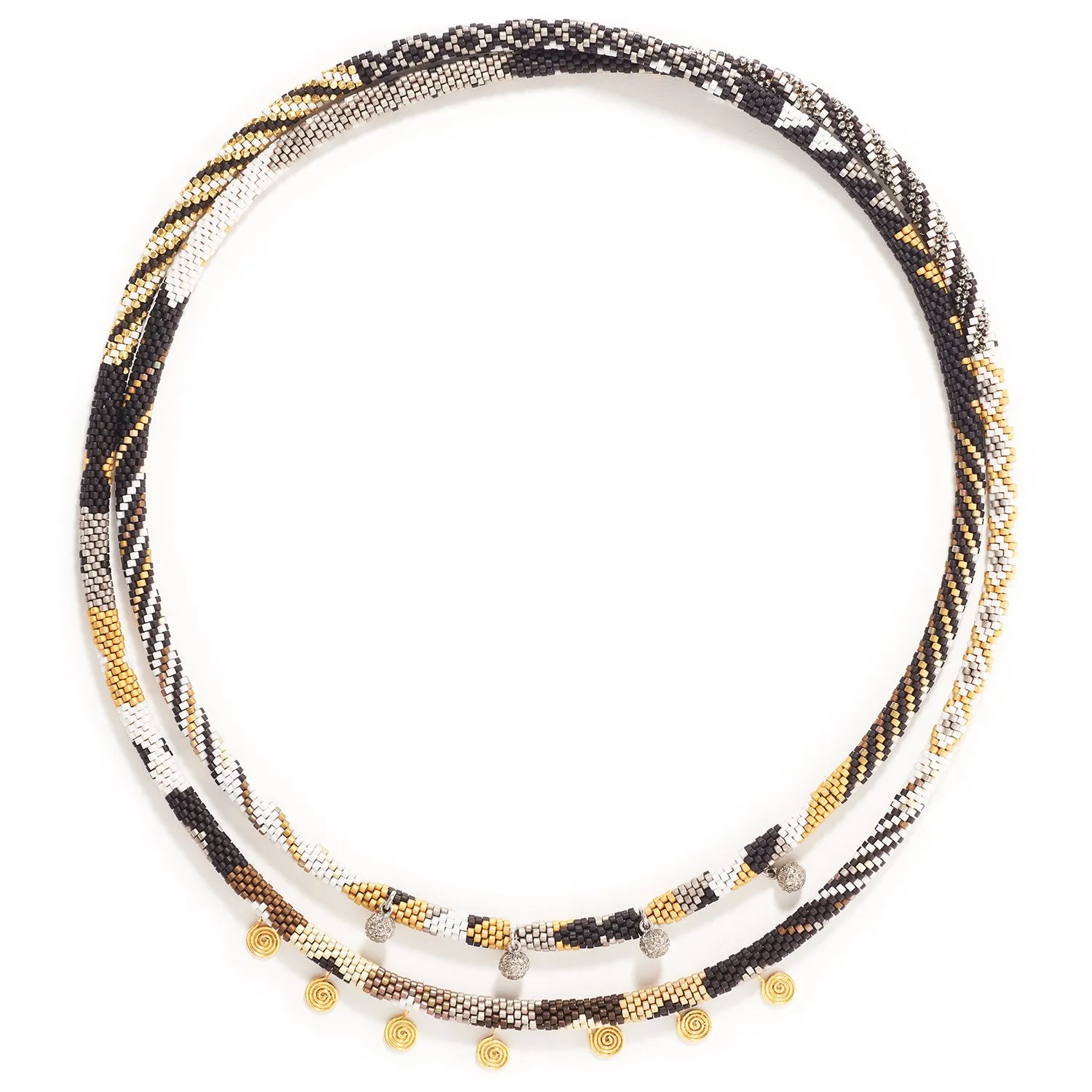 Contrasted Pattern Necklace with Pavé Diamond, Silver, & Gold