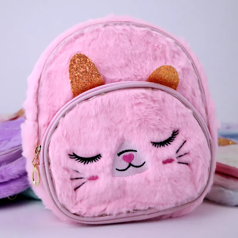 Cute LED Fluffy Kitty Cat Plush Backpack for Kindergarten