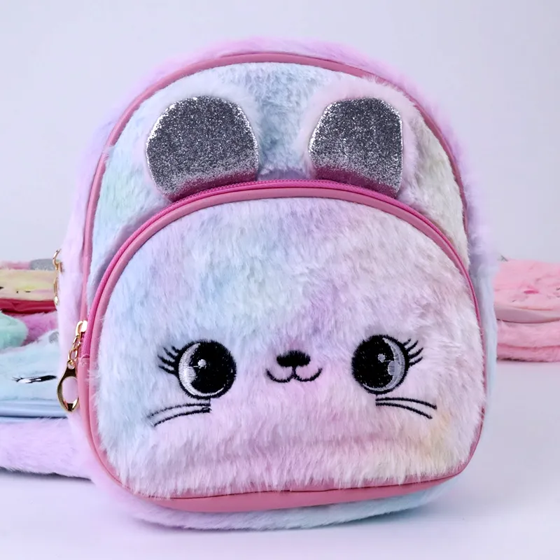 Cute LED Fluffy Kitty Cat Plush Backpack for Kindergarten