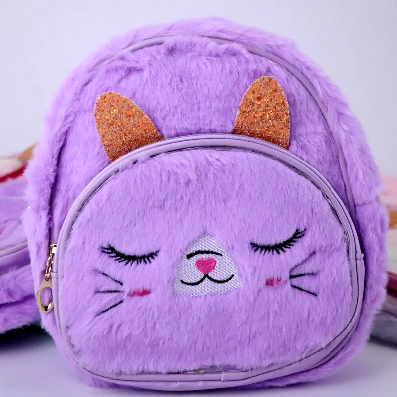 Cute LED Fluffy Kitty Cat Plush Backpack for Kindergarten