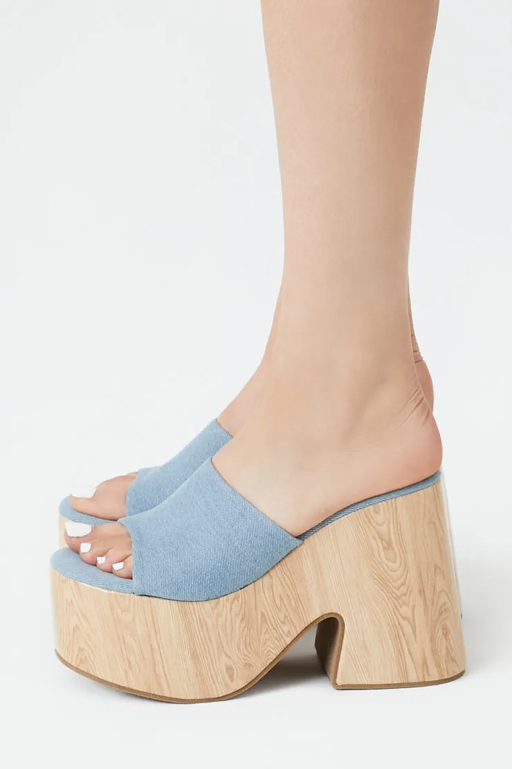 Denim Wooden Platform Block Heels