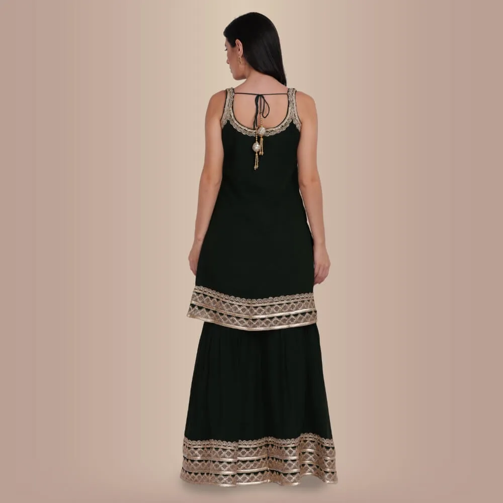 Elegant Garara Set with Gold Accent - Dark Green