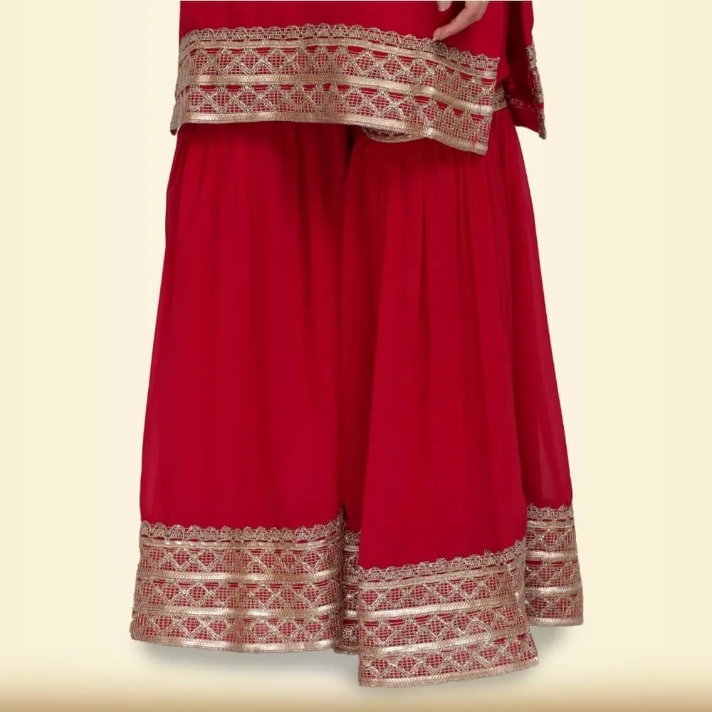 Elegant Garara Set with Gold Accent - Deep Red