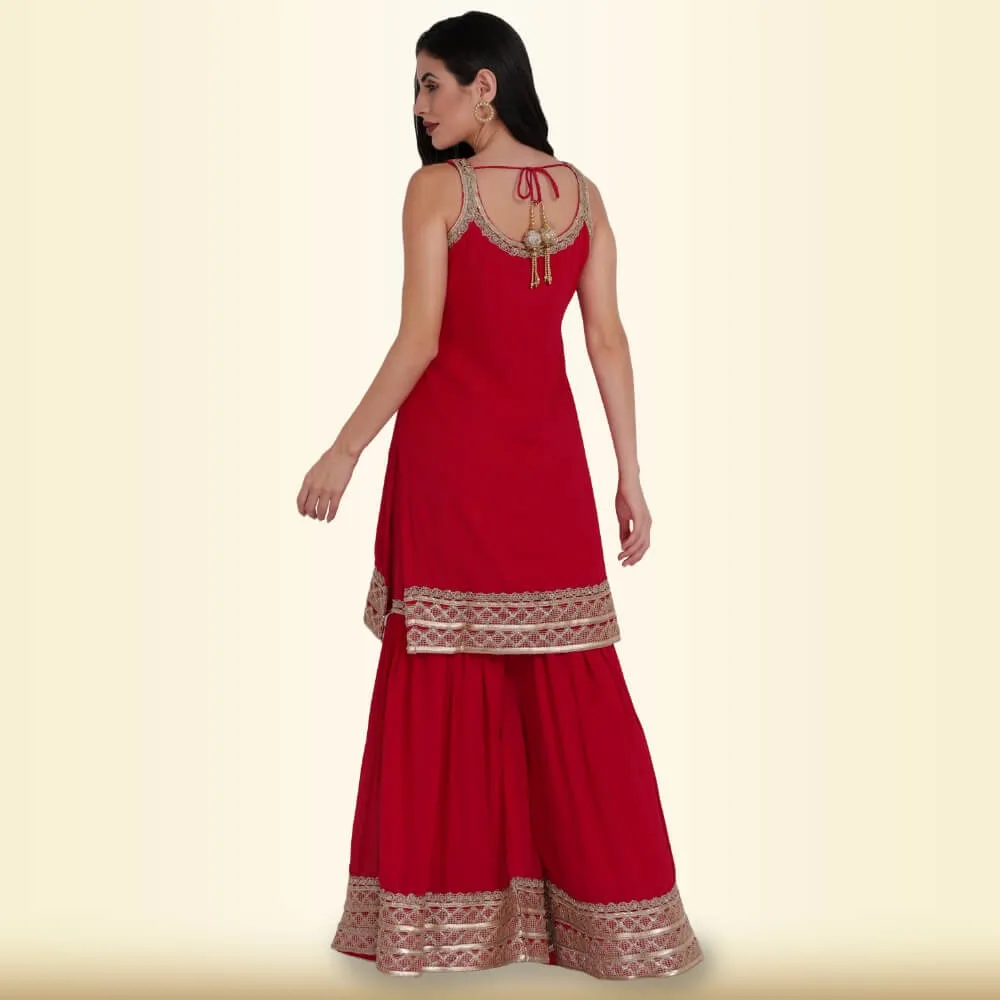 Elegant Garara Set with Gold Accent - Deep Red