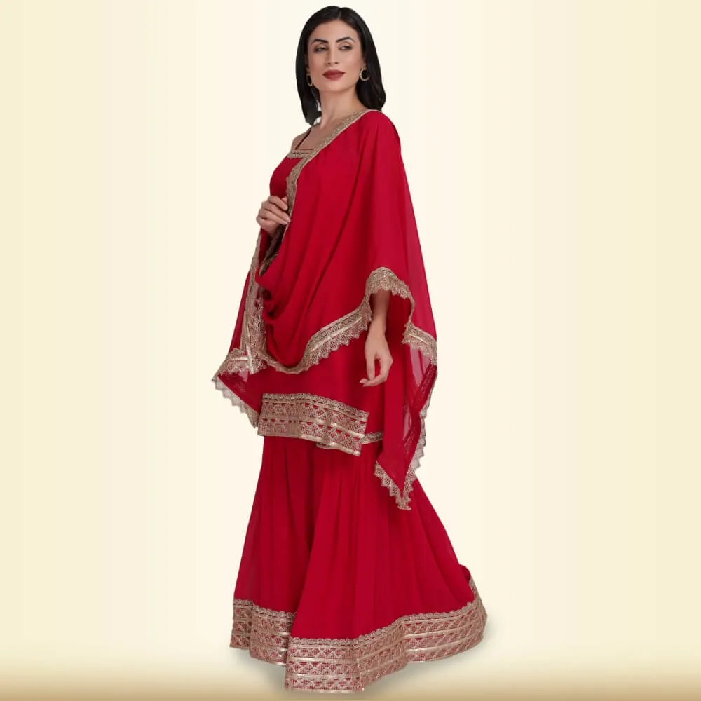 Elegant Garara Set with Gold Accent - Deep Red