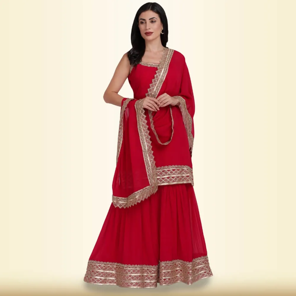 Elegant Garara Set with Gold Accent - Deep Red