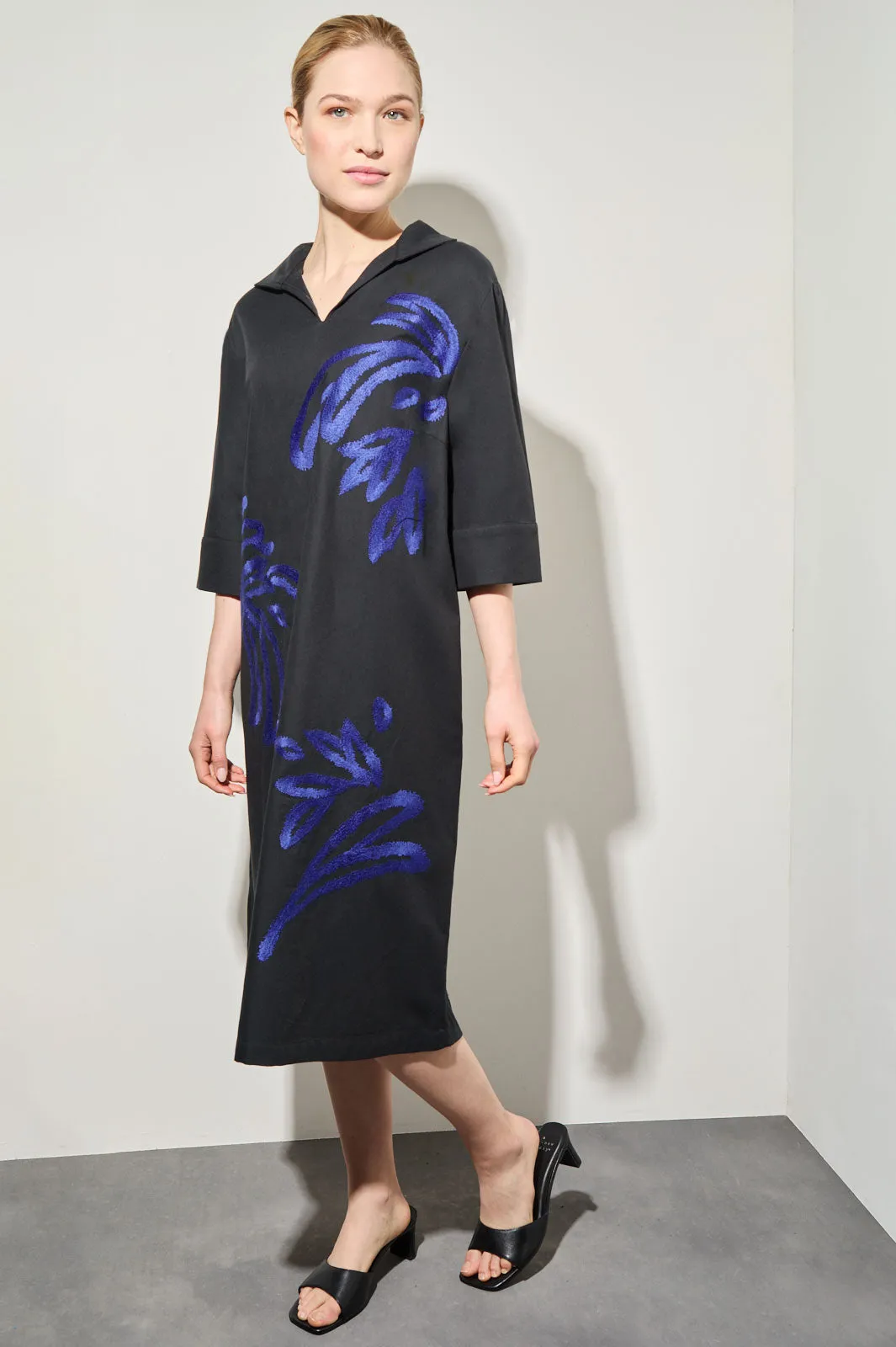 Embroidered Twill Midi Shift Dress