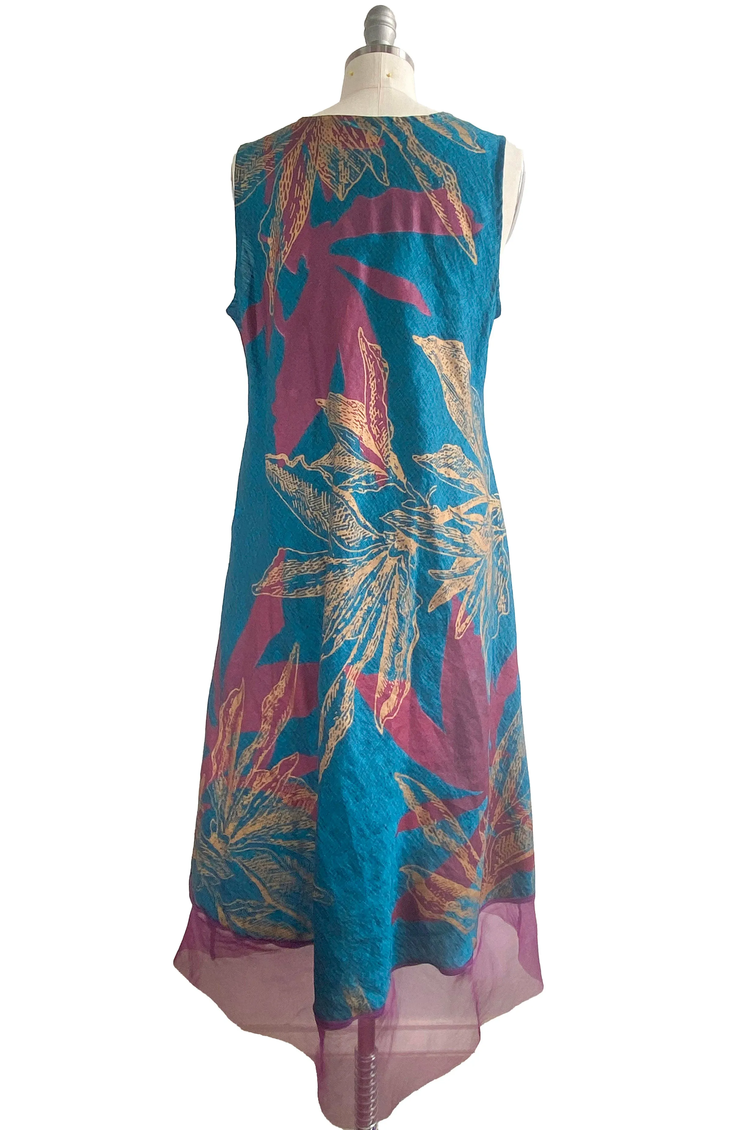 Emilia Dress w/ Organza Trim - Azalea Print - Turquoise, Pink & Gold - Medium