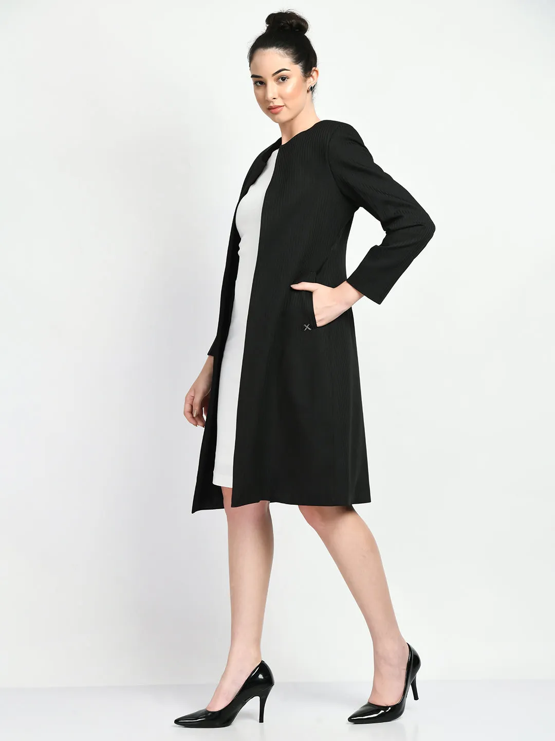 Exude Confidence Striped Long Blazer (Black)