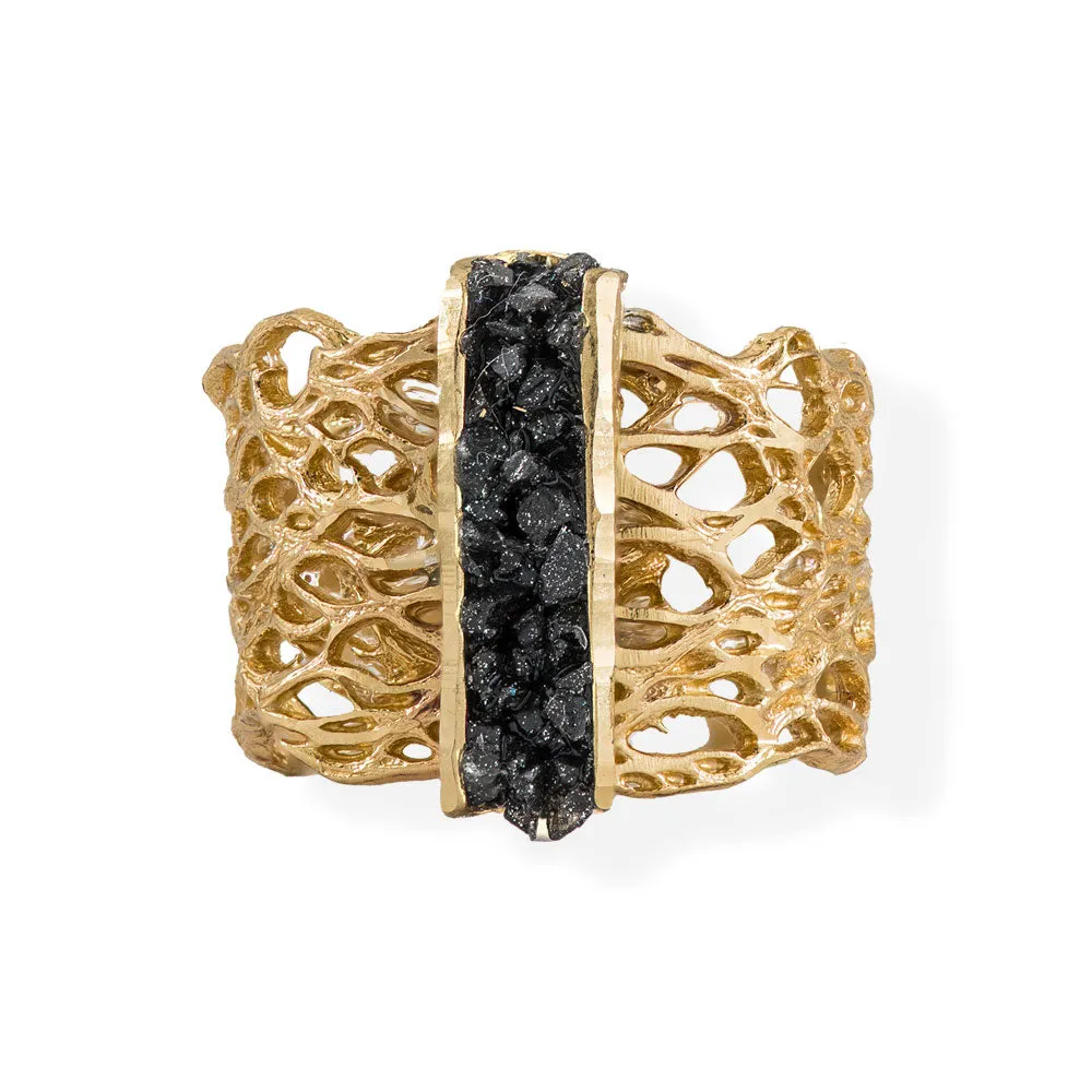 Handmade Diamond Curved Gold Plated Ring With Black Crystals