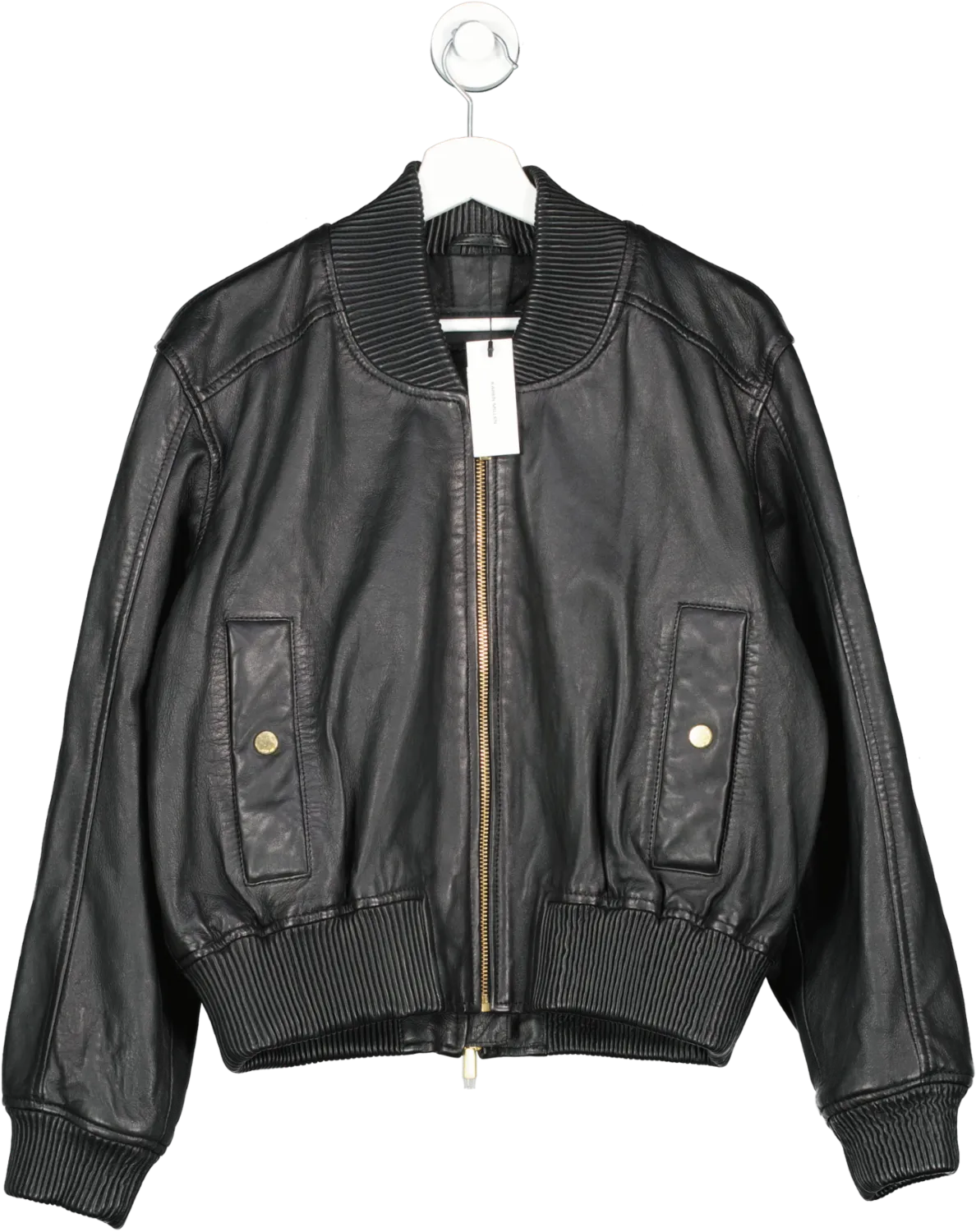 Karen Millen Black Washed Leather Zip Bomber Jacket UK 12