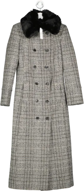 Karen Millen Black X Lydia Millen - Tailored Check Faux Fur Collar Maxi Coat UK 8