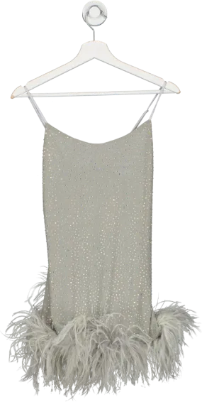 Leslie Amon Grey Laurie Feather Trimmed Rhinestone Crepe Mini Dress UK S