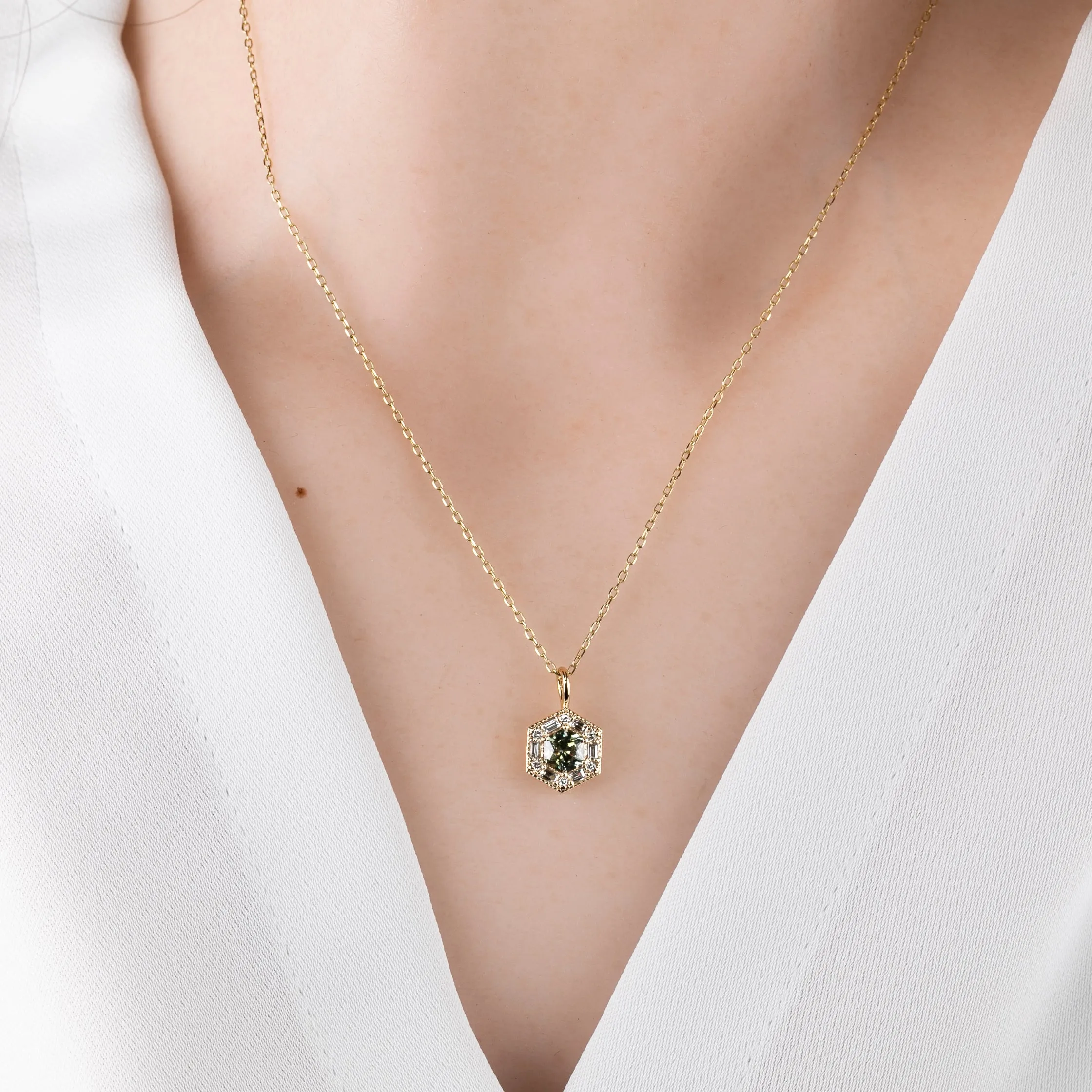 Lila Hexagon Necklace - 5mm Montana Green Sapphire Necklace, 14k yellow gold (One of a kind)