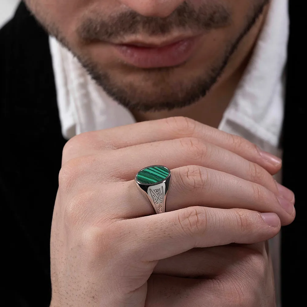 Men's Diamond Signet Ring with Vintage Engraving in Solid Silver