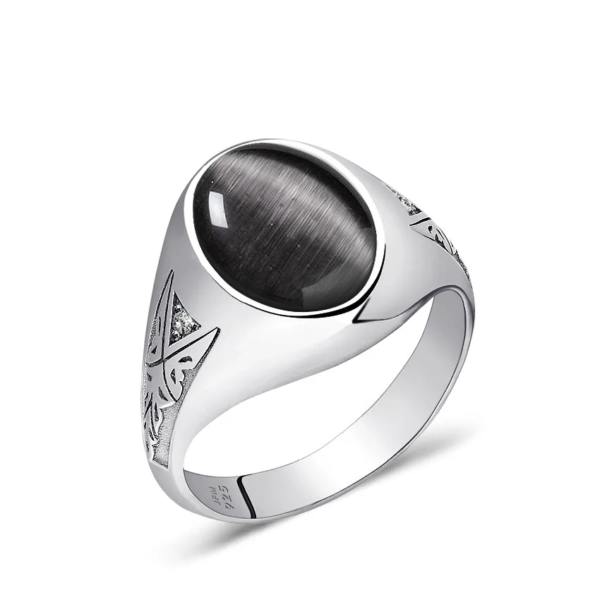 Men's Diamond Signet Ring with Vintage Engraving in Solid Silver