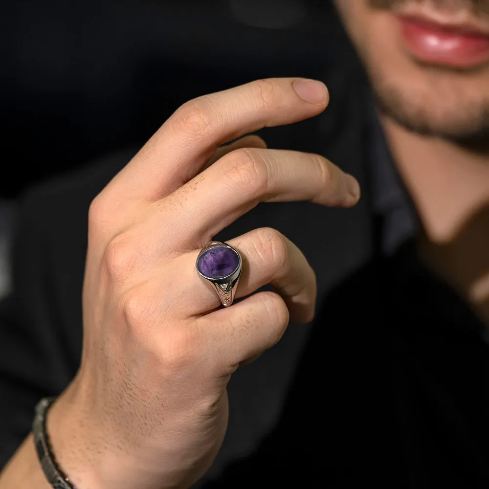 Men's Diamond Signet Ring with Vintage Engraving in Solid Silver