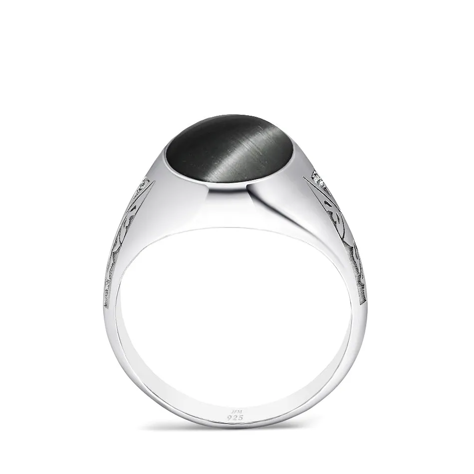 Men's Diamond Signet Ring with Vintage Engraving in Solid Silver