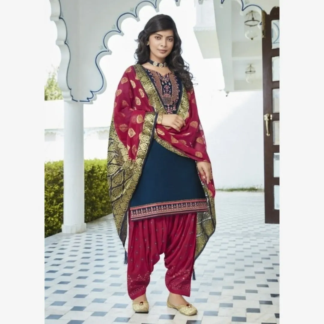 Navy Blue Cotton Silk Patiala Suit with Benarasi Dupatta