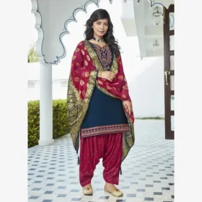 Navy Blue Cotton Silk Patiala Suit with Benarasi Dupatta