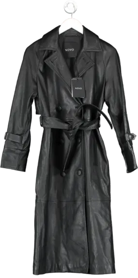 Novo Black Double Breasted Leather Trench Coat With Waist Belt UK 6