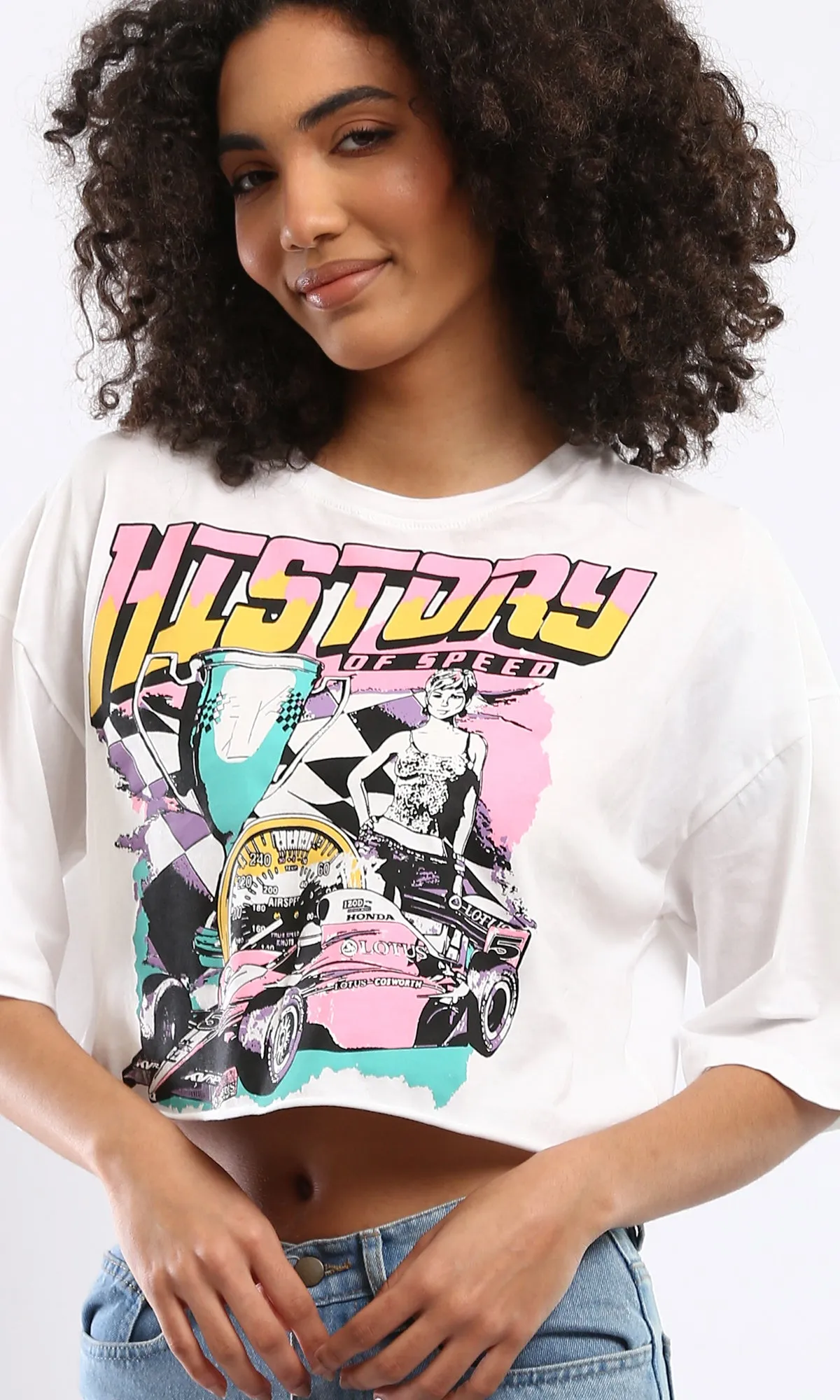 O178789 Elbow-Sleeves White Tee With History Front Print