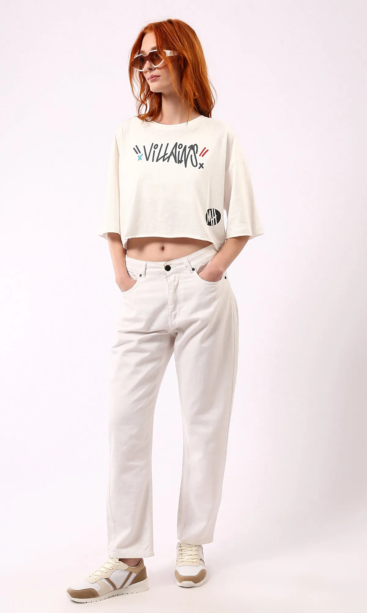 O181684 Front & Back Print Off-White Cropped Tee