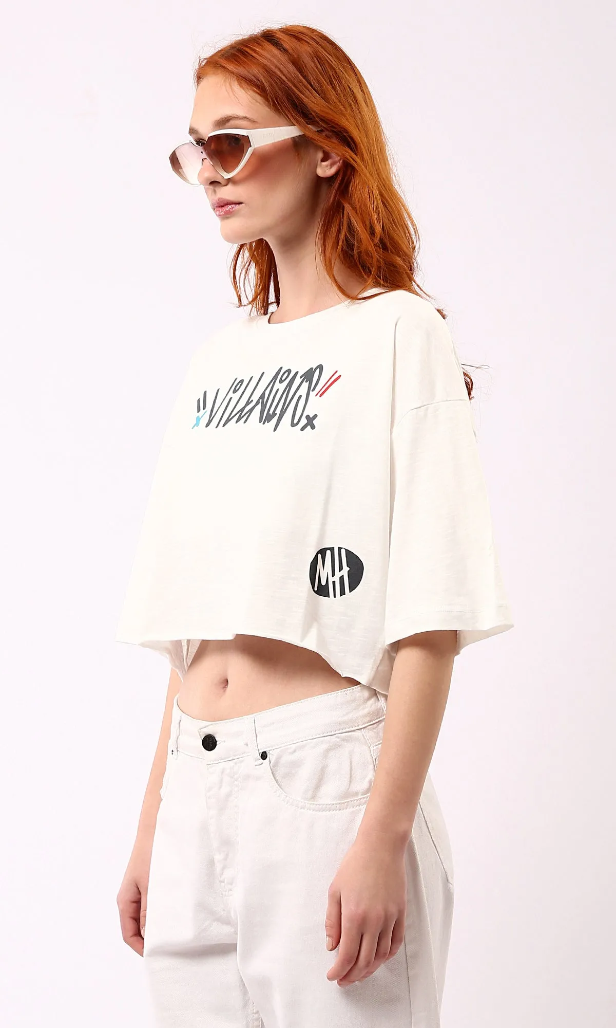 O181684 Front & Back Print Off-White Cropped Tee