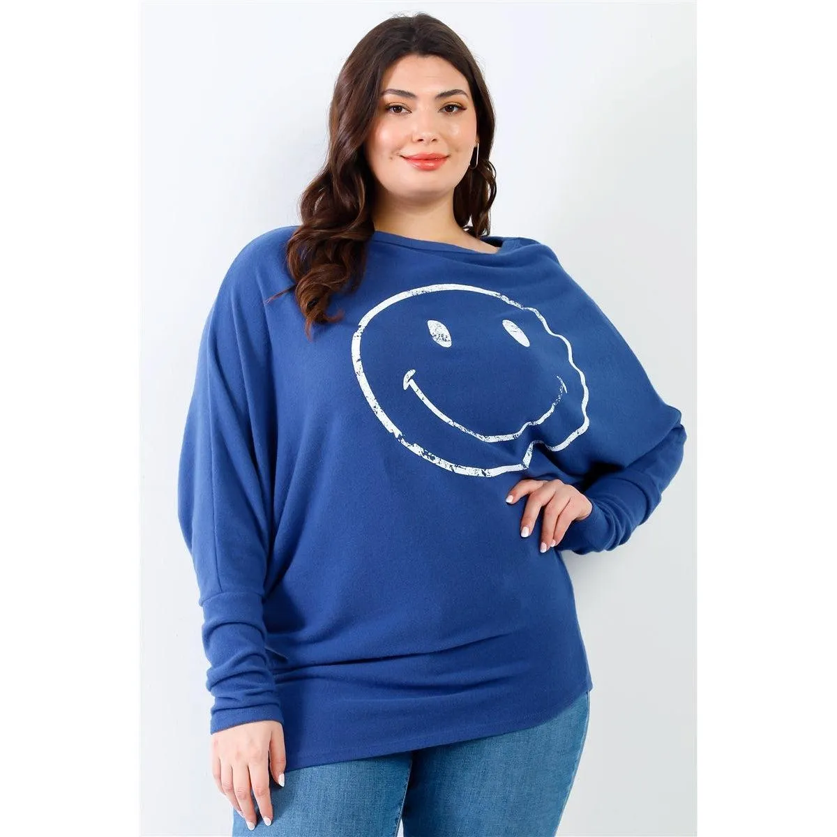 Plus Smile Front Print Flannel Dolman Sleeve Top