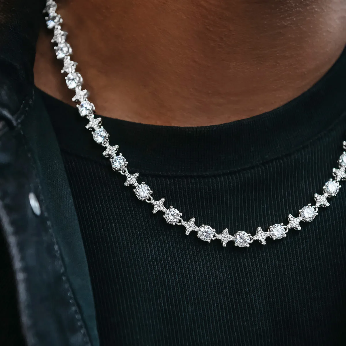 Round Stone Star Tennis Chain in White Gold