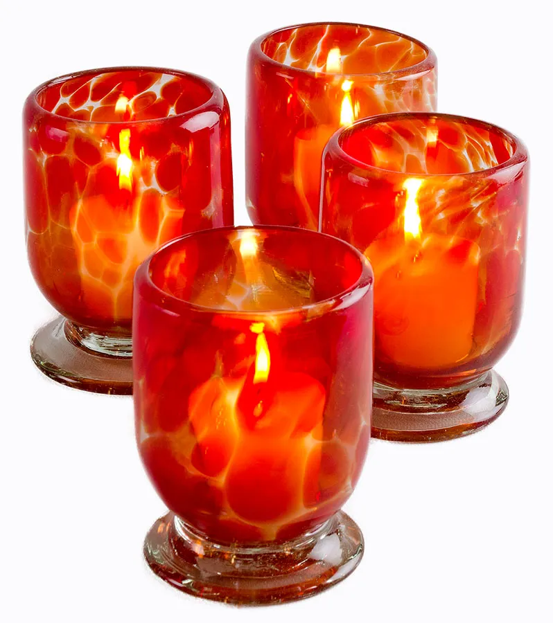 Sedona Votive Candle Display - Natural Glass With Red Splash - Set of 4